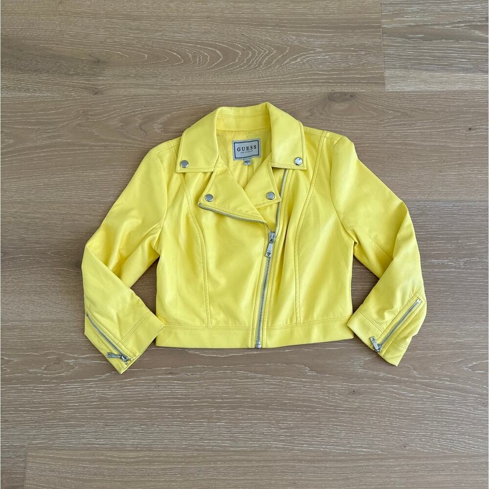 Guess Faux Leather Moto Jacket 3/4 Sleeves Size S Yellow